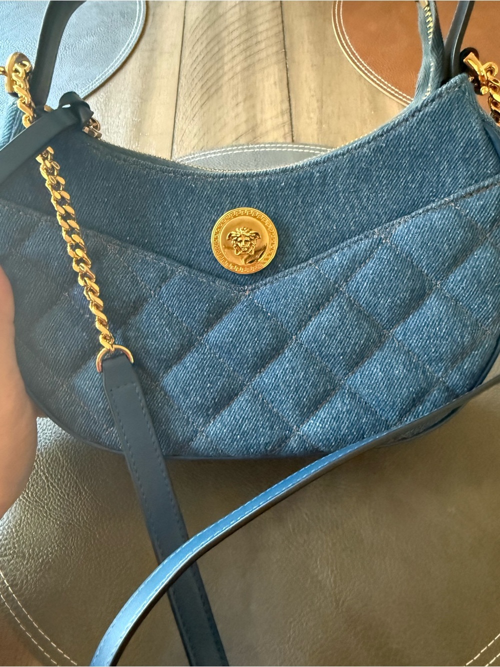 Quilted Denim Crossbody Bag with Gold Medallion